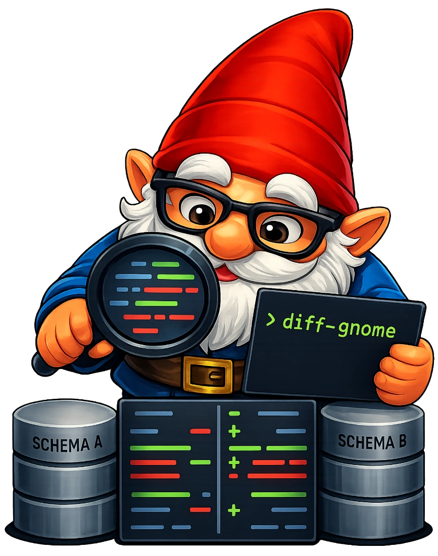 Diff Gnome — CLI database diff tool mascot comparing two database schemas